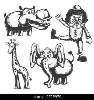Ensemble d'éléments de cirque (animaux, clown) pour créer vos propres badges, logos, étiquettes, affiches, etc. Isolé sur blanc. Illustration de Vecteur