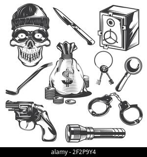 Ensemble d'éléments de voleur pour créer vos propres badges, logos, étiquettes, affiches, etc. Isolé sur blanc. Illustration de Vecteur