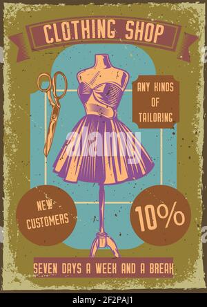 Affiche avec illustration d'un mannequin avec une robe et des ciseaux sur fond vintage. Illustration de Vecteur