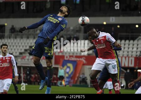 Reims, Marne, France. 12 mars 2021. Milieu de terrain de Lyon Lucas TOLENTINO en action pendant le championnat de France de football Ligue 1 Uber mange le Stade de Reims contre l'Olympique Lyonnais au stade Auguste Delaune - Reims.jeu 1:1 crédit: Pierre Stevenin/ZUMA Wire/Alamy Live News Banque D'Images