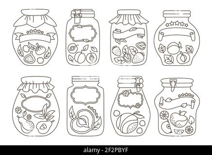 Étiquette et autocollant en verre pot fruit ligne noire. Etiquetez le dessin de bourrage d'emballage pour les notes, la date ou le prix. Jus de dessin animé pêche prune abricot pomme. Illustration vectorielle du marché agricole du cadre Illustration de Vecteur