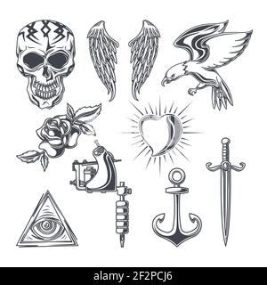 Ensemble d'éléments de tatouage pour créer vos propres badges, logos, étiquettes, affiches, etc. Isolé sur blanc. Illustration de Vecteur