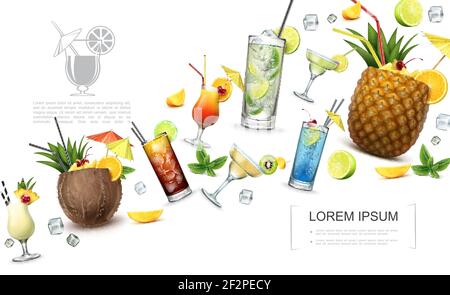 Concept réaliste de boissons alcoolisées avec pina colada cuba libre bleu lagoon tequila lever du soleil martini margarita mojito cocktails et tranches de fruits vecteur Illustration de Vecteur