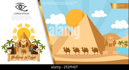 Modèle de voyage à plat en Egypte coloré avec pyramides Camels sphinx paume Arbres ankh croix sarcophage égyptien chat illustration vecteur Illustration de Vecteur