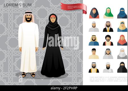 Concept coloré de peuple arabe plat avec l'homme et la femme musulmans en vêtements traditionnels sur l'illustration vectorielle arabe d'arrière-plan ornemental Illustration de Vecteur