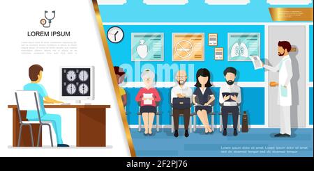 Concept de soins de santé à plat avec un médecin regardant les résultats du patient la tomodensitométrie cérébrale et les personnes en attente d'un rendez-vous médical à l'hôpital vecteur illust Illustration de Vecteur