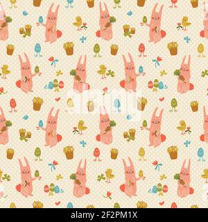 Motif coloré Happy easter sans couture avec de jolies fleurs de lapins roses les poulets et les œufs sur fond texturé motif vectoriel de coodle Illustration de Vecteur