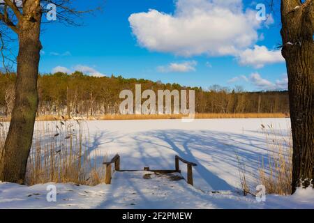 Lac complètement gelé dans le village de Holbeck en Allemagne en hiver, glace couverte de neige, lac de pêche Banque D'Images