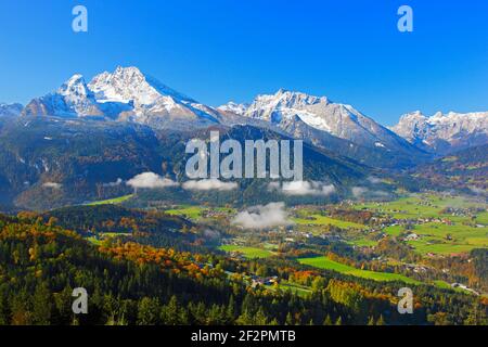 Berchtesgadener Land avec Watzmann, Hochkalter, Reiter Alpe et la communauté de Schönau am Königsee, Banque D'Images