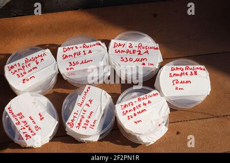 Kisumu, Nyanza, Kenya. 9 mars 2021. Un aperçu des échantillons prélevés sur le lac Victoria au cours des enquêtes. Bahati Mayoma, un chercheur tanzanien spécialisé dans l'écologie aquatique et la gestion de la pollution, étudie l'étendue de la pollution par les micro-plastiques dans le lac Victoria. Crédit : James Wakibia/SOPA Images/ZUMA Wire/Alay Live News Banque D'Images