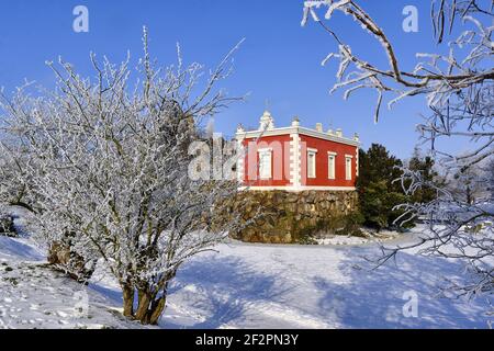 Villa Hamilton sur l'île rocheuse de Stein dans le parc Wörlitzer, Saxe-Anhalt, Allemagne Banque D'Images