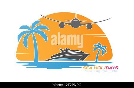 l'avion vole au-dessus d'une vague avec un yacht et des palmiers sur le fond du coucher du soleil. Illustration vectorielle pour logo, emblème, autocollant et design créatif Illustration de Vecteur