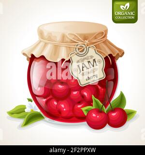 Confiture de baies de cerise naturelle biologique maison dans un pot en verre avec illustration vectorielle de l'étiquette et de la couverture papier Illustration de Vecteur