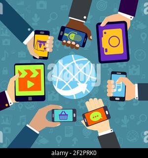 Kit mains humaines tenant des téléphones mobiles et des tablettes avec illustration du vecteur de concept de services mobiles Illustration de Vecteur