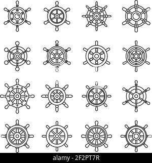 Ensemble d'icônes d'élément de roue de navire, style de contour Illustration de Vecteur