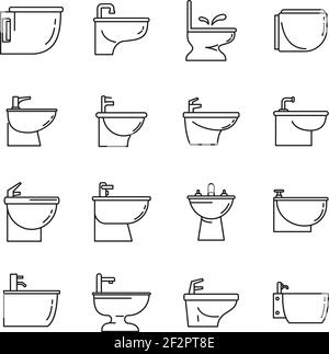 Jeu d'icônes de bidet, style de contour Illustration de Vecteur