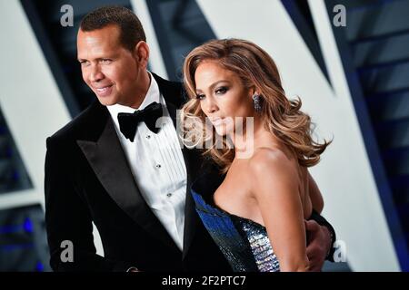 Photo du dossier datée du 24 février 2019 de Jennifer Lopez et Alex Rodriguez participant à la Vanity Fair Oscar Party 2019 à Los Angeles, CA, États-Unis. Jennifer Lopez et Alex Rodriguez se seraient séparés, rompant leur engagement de deux ans après quatre ans ensemble. Photo de David Niviere/ABACAPRESS.COM Banque D'Images