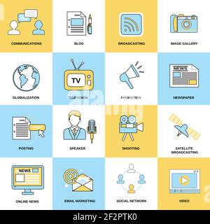 Médias icônes ligne plat de communications blog diffusion vecteur isolé illustration Illustration de Vecteur