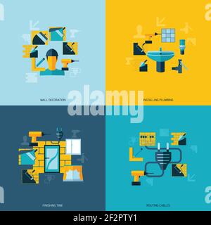Ensemble plat de réparation à domicile avec décoration murale installation de plomberie isolée illustration vectorielle Illustration de Vecteur