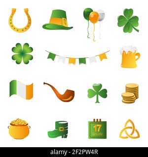 Ensemble de symboles et d'icônes de la Saint Patrick. Vacances irlandaises composées d'un pot de pièces d'or, d'un chapeau vert, d'un trèfle doré, d'un drapeau, de ballons, horsesho Illustration de Vecteur