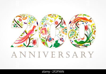 200 ans de luxe célébrant le logo folk. Modèle coloré 200 e heureux anniversaire salutations, les fleurs ethniques, les plantes, les oiseaux paradisiaques. Tradition Illustration de Vecteur