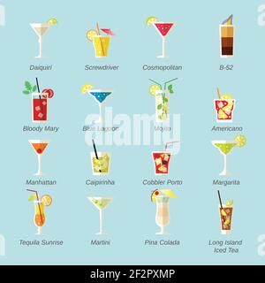 Cocktails alcoolisés icônes jeu plat avec tournevis daiquiri cosmopolite isolé illustration vectorielle Illustration de Vecteur