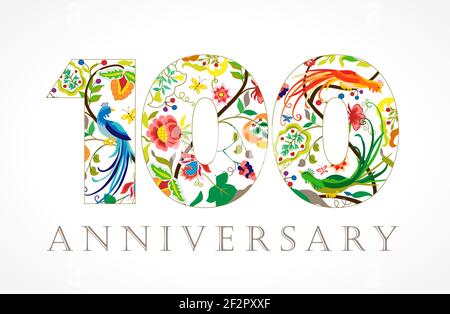 100 ans de luxe célébrant le logo folk. Modèle coloré 100 e heureux anniversaire salutations, les fleurs ethniques, les plantes, les oiseaux paradisiaques. Tradition Illustration de Vecteur