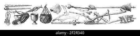 Gravure du XIXe siècle d'objets du Soudan. Illustration publiée dans Systematischer Bilder-Atlas zum conversations-Lexikon, Ikonographische Encyk Banque D'Images