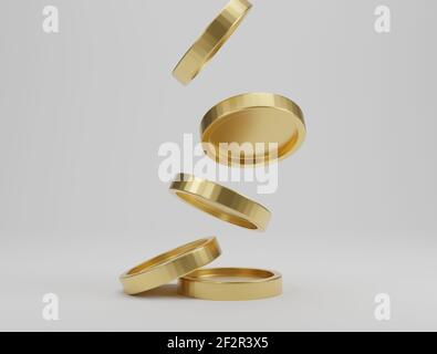 Chute de pièces de monnaie dorées sur fond blanc. rendu 3d Banque D'Images