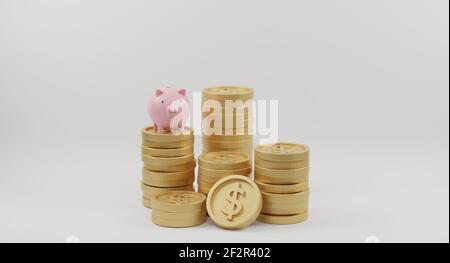 La banque de porc rose et les pièces de monnaie dorées s'empilent sur fond blanc. Économie d'argent et concept de planification financière. Rendu 3D. Banque D'Images