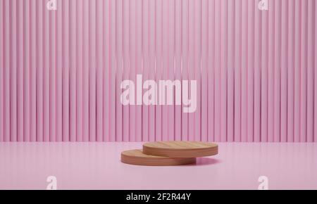 rendu 3d. Abstrait scène minimale avec géométrique. Podium en bois sur fond rose. Scène pour l'affichage des produits cosmétiques. Banque D'Images