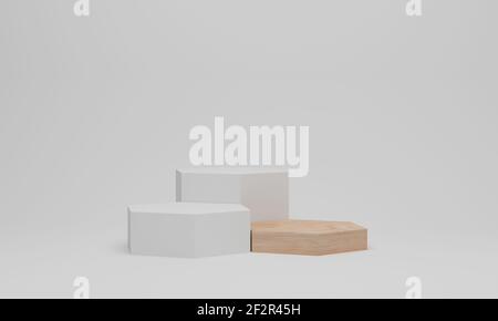 rendu 3d. Podium blanc en forme d'hexagone. Maquette sur pied sur fond blanc. Plate-forme en bois pour la présentation des produits Banque D'Images
