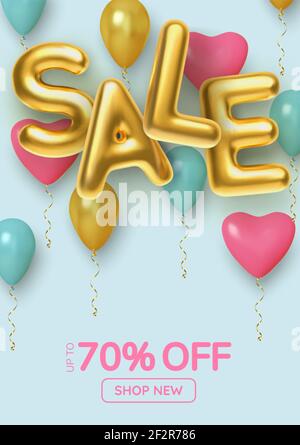 Promotion à prix réduit vente faite de ballons 3D réalistes rose, bleu et or. Vecteur Illustration de Vecteur