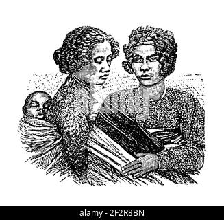 Antique 19th-century engraving of hova women from Madagascar. Illustration published in Systematischer Bilder-Atlas zum Conversations-Lexikon, Ikonogr Stock Photo