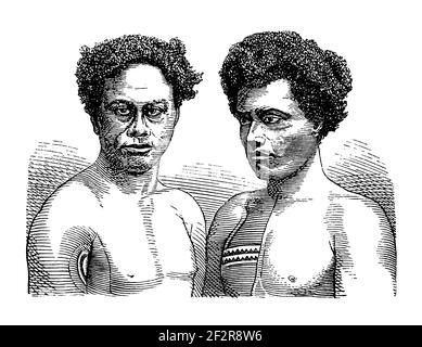 Gravure antique de Tahiti. Illustration publiée dans Systematischer Bilder-Atlas zum conversations-Lexikon, Ikonographische Encyklopedie der Wis Banque D'Images