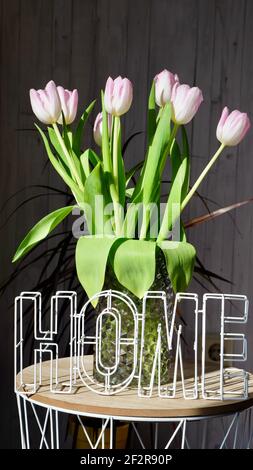 Tulipes roses fleurs sur table basse à la maison gros plan sur fond de bois sombre dans une femme internationale ensoleillée jour ou fête de la mère Banque D'Images