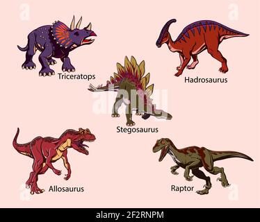 Ensemble de dinosaures de couleur dessinés dans un style pop art pour l'impression. Illustration vectorielle Illustration de Vecteur