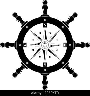 Symbole de volant nautique avec phases rose compas, ancre et Lune en noir comme vecteur sur fond blanc isolé. Utilisable en arrière-plan. Illustration de Vecteur