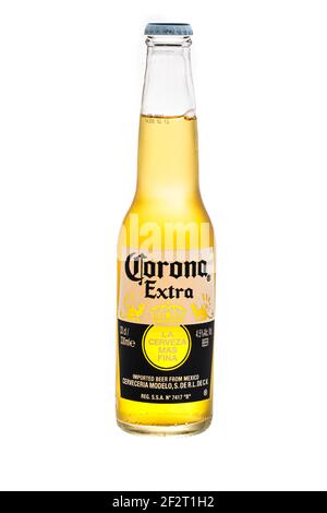 SWINDON, Royaume-Uni - 12 MARS 2021 : bouteille de Corona extra Mexican Beer sur fond blanc Banque D'Images