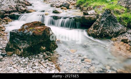 Ruisseau forestier qui s'exécute sur des roches mossy dans les Alpes (Dolomites italiens) Banque D'Images