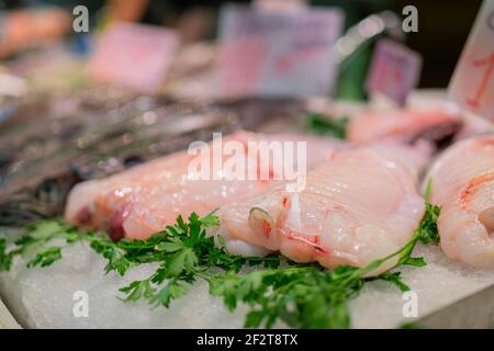 Monkfishon frais sur le comptoir du marché aux poissons. Rana Pescatrice, Coda di rospo. Mise au point sélective. Banque D'Images
