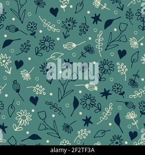 Motif vectoriel sans couture avec petites fleurs dessinées à la main sur fond bleu. Superbe papier peint texturé à motif fleuri. Illustration de Vecteur