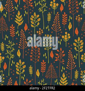 Motif vectoriel transparent avec forêt jaune sur fond bleu. Papier peint fleuri simple avec branches. Texture textile de mode décorative. Illustration de Vecteur