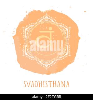 Illustration vectorielle avec le symbole Svadhishana - chakra sacré et élément aquarelle sur fond blanc. Entourez le motif de mandala et la lettre dessinée à la main Illustration de Vecteur