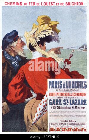 Publicité vintage pour le train de Paris à Londres de la gare Saint Lazare à Paris via le Channel Ferry sur la Manche et Brighton. Illustration vintage. Banque D'Images