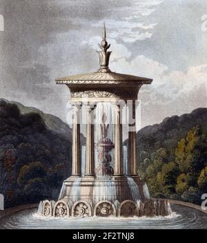 Fontaine aquatique et temple de style néoclassique ou grec classique (1827) dessin architectural d'époque, Aquatint ou gravure par James Thomson (1827) Banque D'Images