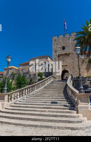 Porte d'entrée menant à la vieille ville de Korcula, Croatie Banque D'Images