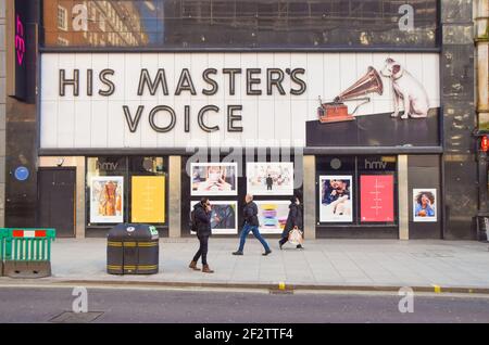 Vue extérieure du magasin phare HMV Oxford Street, qui a fermé définitivement en 2019. Londres, Royaume-Uni, février 2021. Banque D'Images