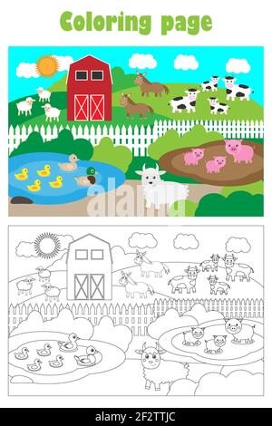 Ferme avec des animaux, style cartoon, coloriage, jeu de papier de l'éducation pour le développement des enfants, pour les enfants, activité préscolaire feuille imprimable Banque D'Images
