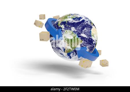 Globe terrestre entouré de flèches et de paquets. Concept d'expédition. illustration 3d. Banque D'Images